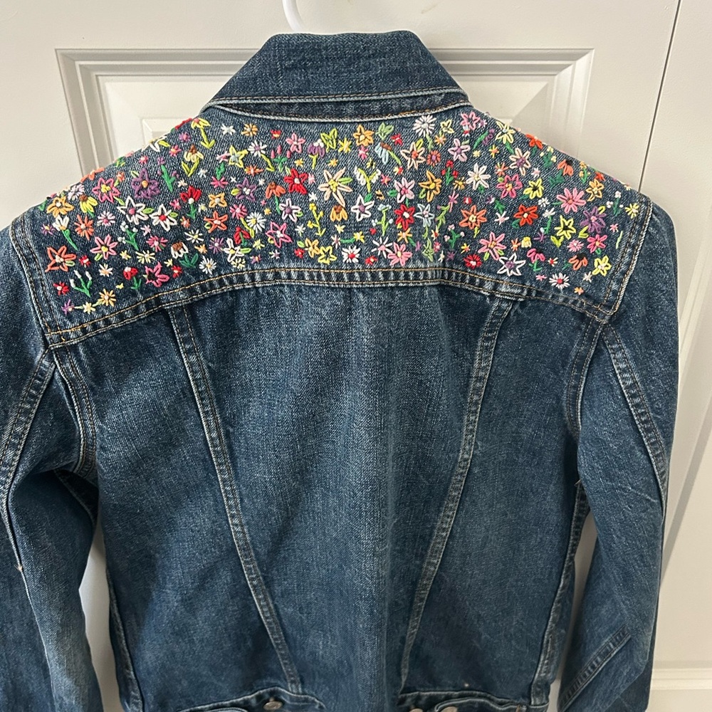 GAP Upcycled Denim Jacket with hand embroidered floral pattern size small